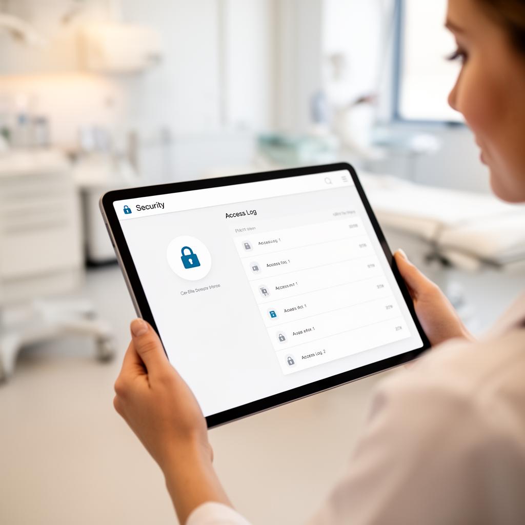 Médico acessando documentos protegidos em tablet na clínica
