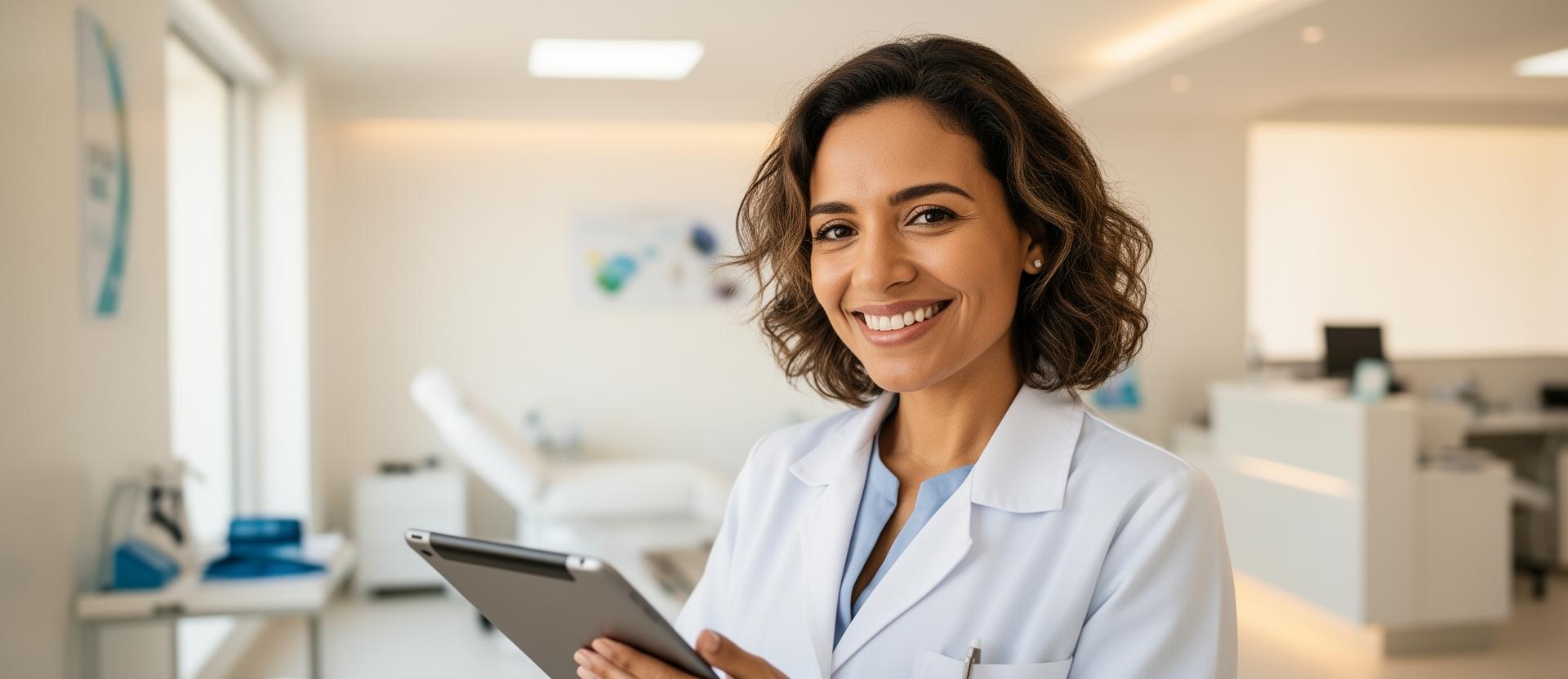 Profissional sorrindo usando tablet em clínica moderna
